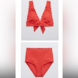 NWOT Aerie Waffle Scalloped Tie Longline Triangle Bikini & High Waisted Bottom